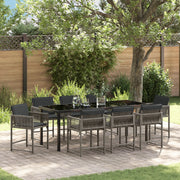 Set da Pranzo da Giardino 9 Pezzi con Cuscini Grigi in Rattan