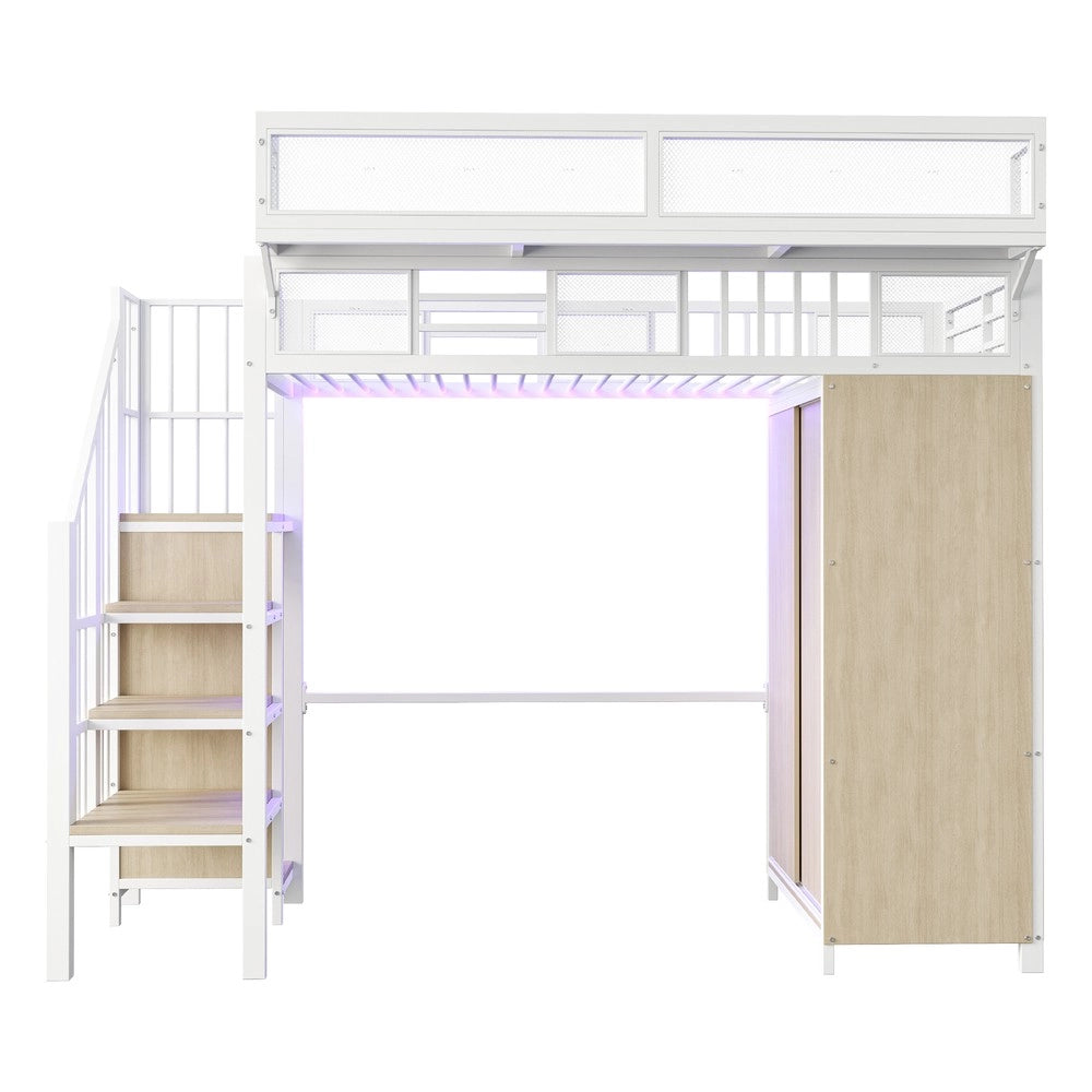 Letto a Soppalco con Armadio e LED ¨C MINIMAL ¨C Metallo Bianco 90x200