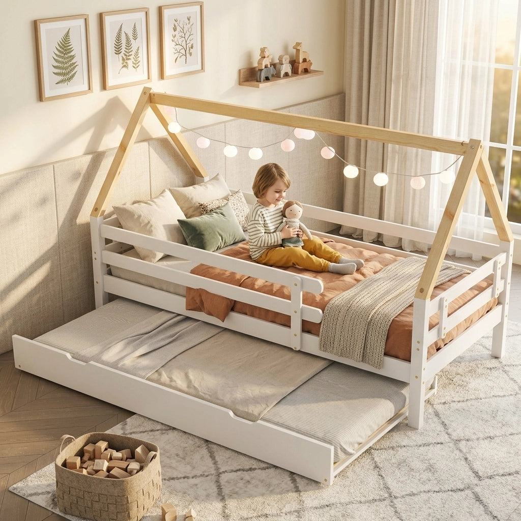 DESMIU Letto casetta estraibile singolo con sponde e letto inferiore 90 × 200 cm e 90 × 190 cm, senza materasso
