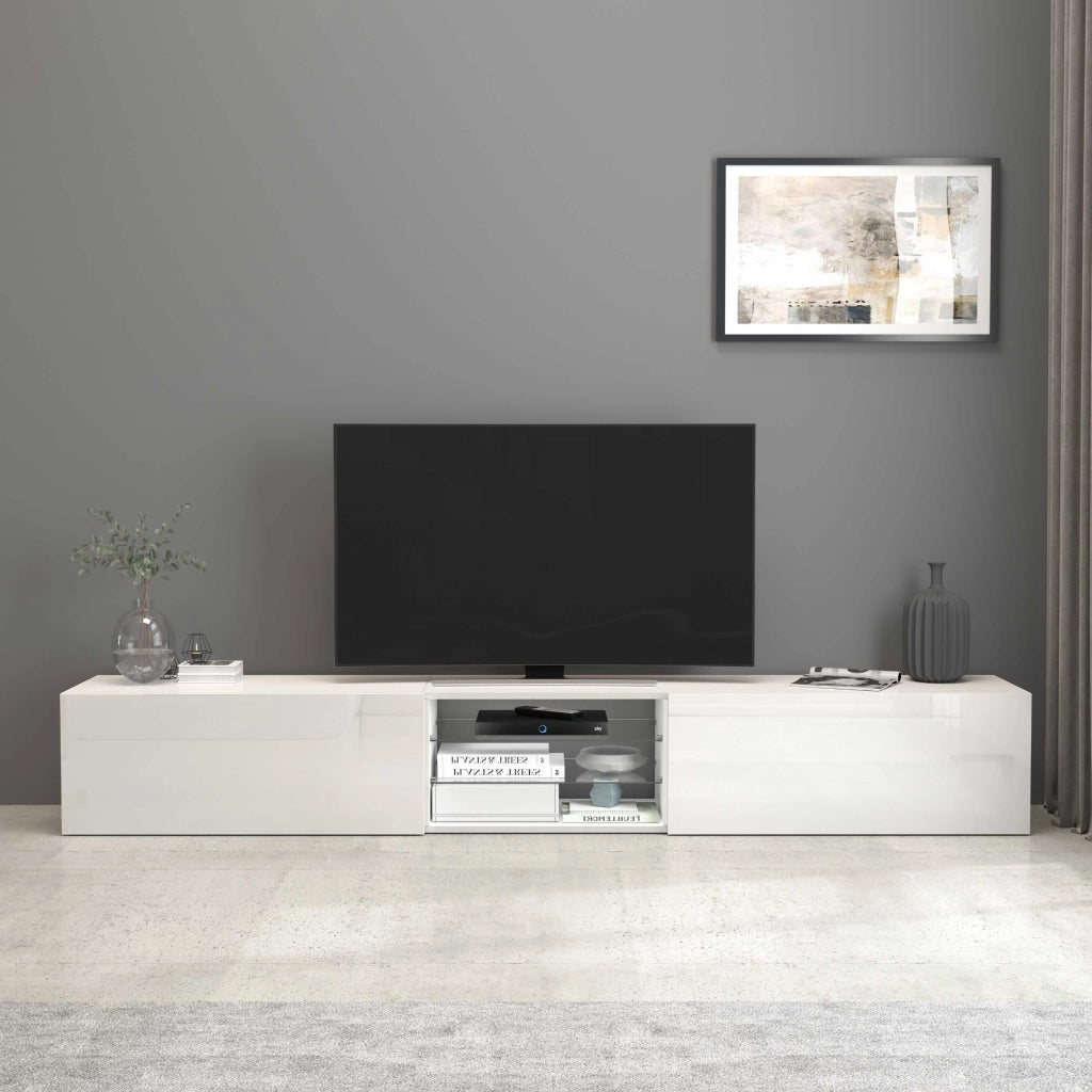 WHOUS Mobile porta tv Egypt a 2 ante e 2 ripiani in vetro bianco lucido 240x38x35 cm
