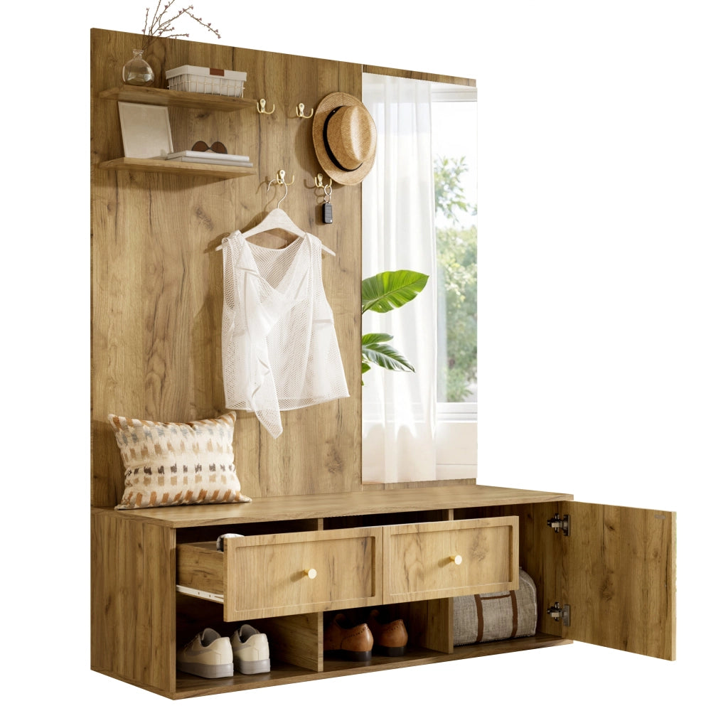 Garderobiera da ingresso multifunzione 6 in 1 con specchio, 5 ganci, 2 cassetti e vano chiuso, effetto legno, 120 x 35 x 159 cm