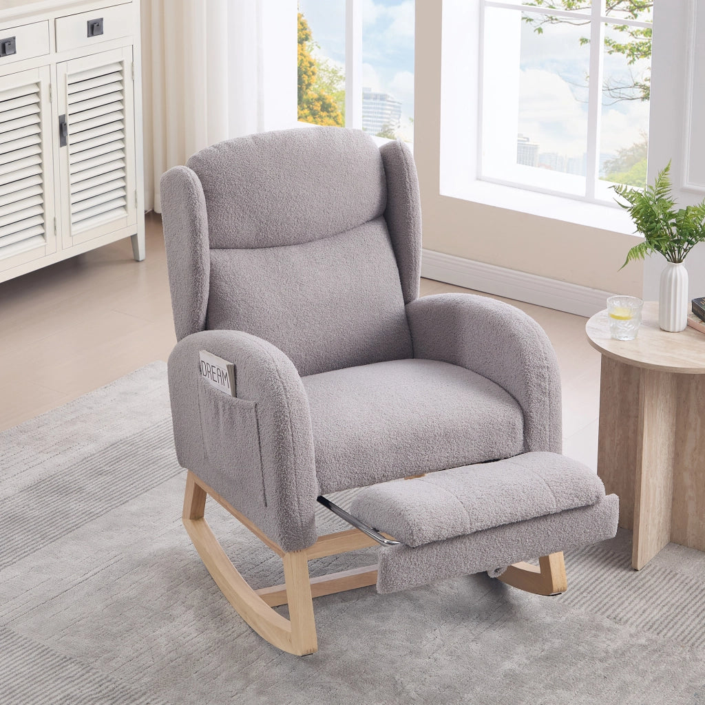 Poltrona a Dondolo con Poggiapiedi ¨C MINIMAL ¨C Tessuto Teddy, Schienale Alto, Grigio