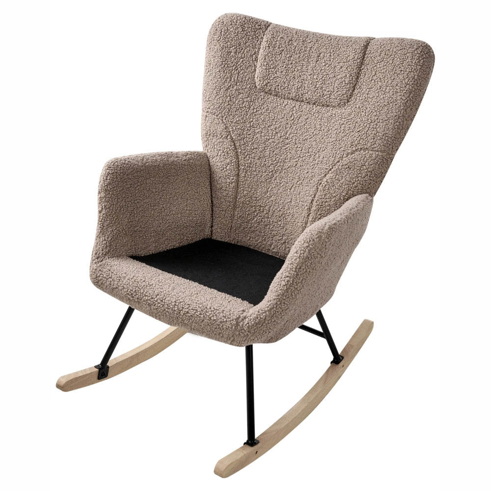 Sedia a dondolo Tessuto bouclé tortora Rivestimento in legno Gambe Pattini Nursery Soggiorno Cottage Scandinavo