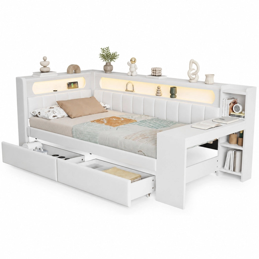 Daybed imbottito 90x200 cm con USB; LED; scrivania e 2 cassetti; bianco
