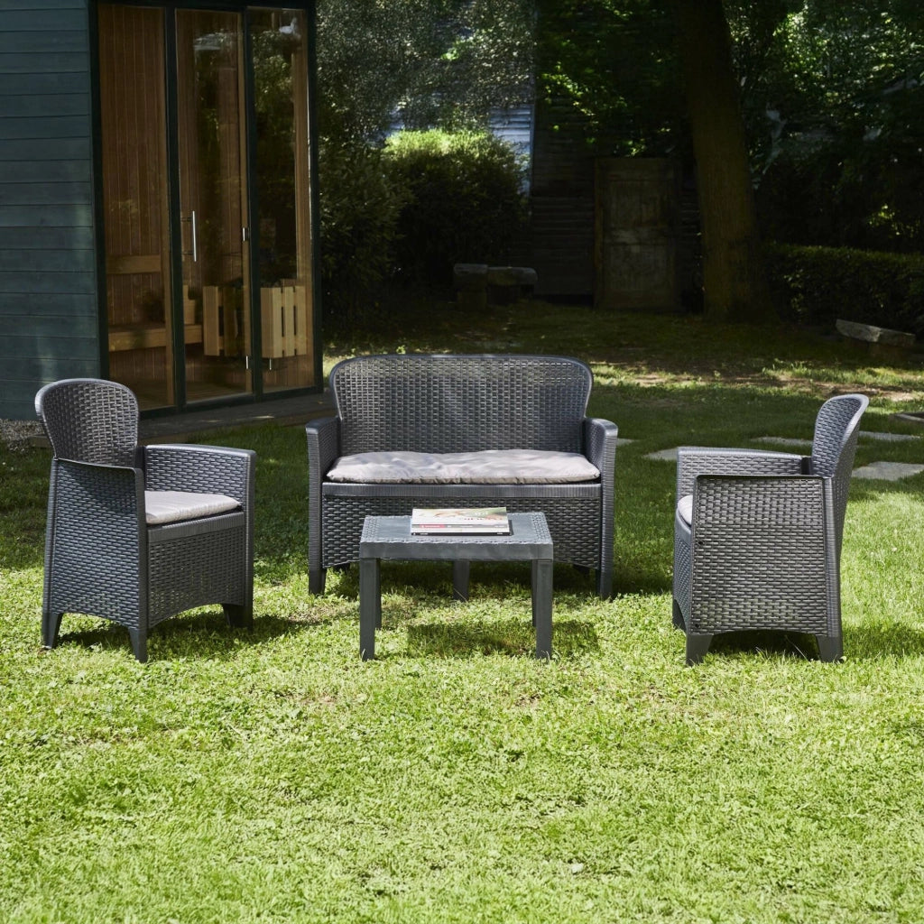 Salottino da esterno Debois, Set da giardino con 2 poltrone, 1 divano ed 1 tavolino, Salottino effetto rattan con cuscini, 100% Made in Italy, Antracite