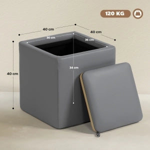 Pouf contenitore quadrato 40x40x40 cm in similpelle grigio con vano interno 44 L