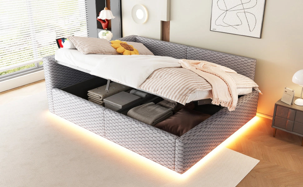 Letto divano contenitore 140 × 200 cm con LED, 2 USB e Type-C, senza materasso, in velluto, grigio
