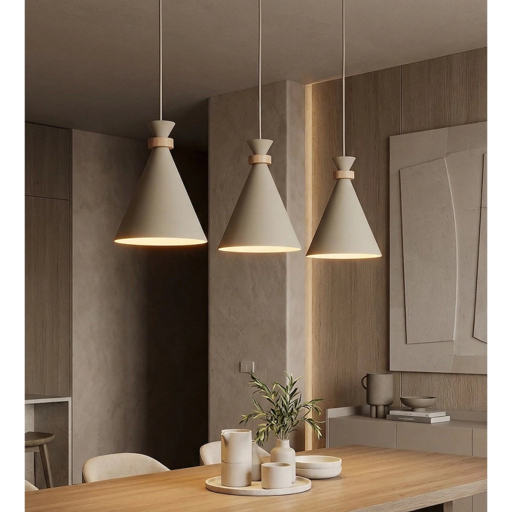 Lampada a sospensione ZERO in acciaio beige e legno