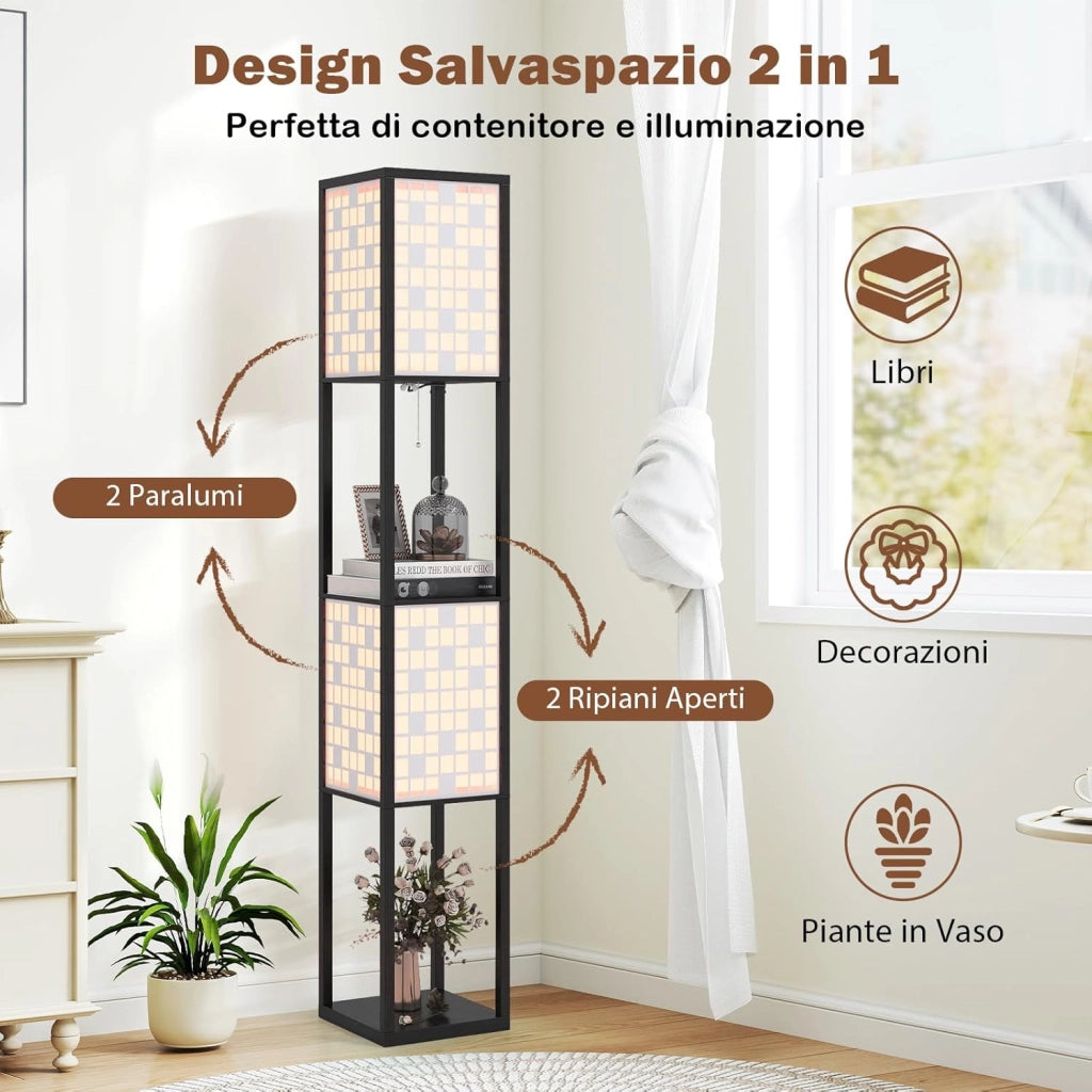 Lampada da Terra a 2 Luci con Mensole, Lampada a Stelo con 2 Paralumi Traforati, Catena a Strappo e Interruttore a Pedale, Richiede Lampadine E27, per Salotto e Camera da Letto (Quadrati)