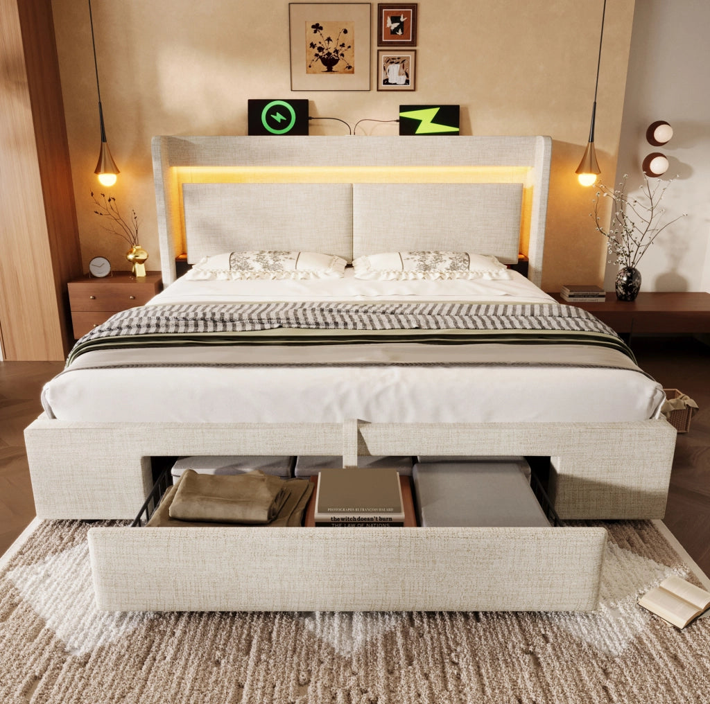 Letto imbottito 140x200 cm con contenitore idraulico; LED; USB e USB-C; beige