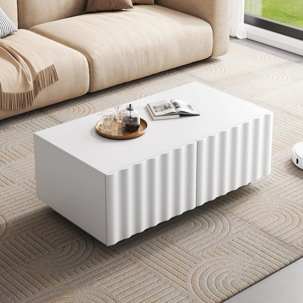 Tavolino basso moderno con 2 cassetti e frontale effetto onda per soggiorno in MDF e pannello truciolare bianco