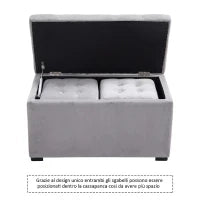 Panca Portaoggetti Set di 3 Pezzi con 2 Sgabelli Pouf in Velluto, Grigio Perla