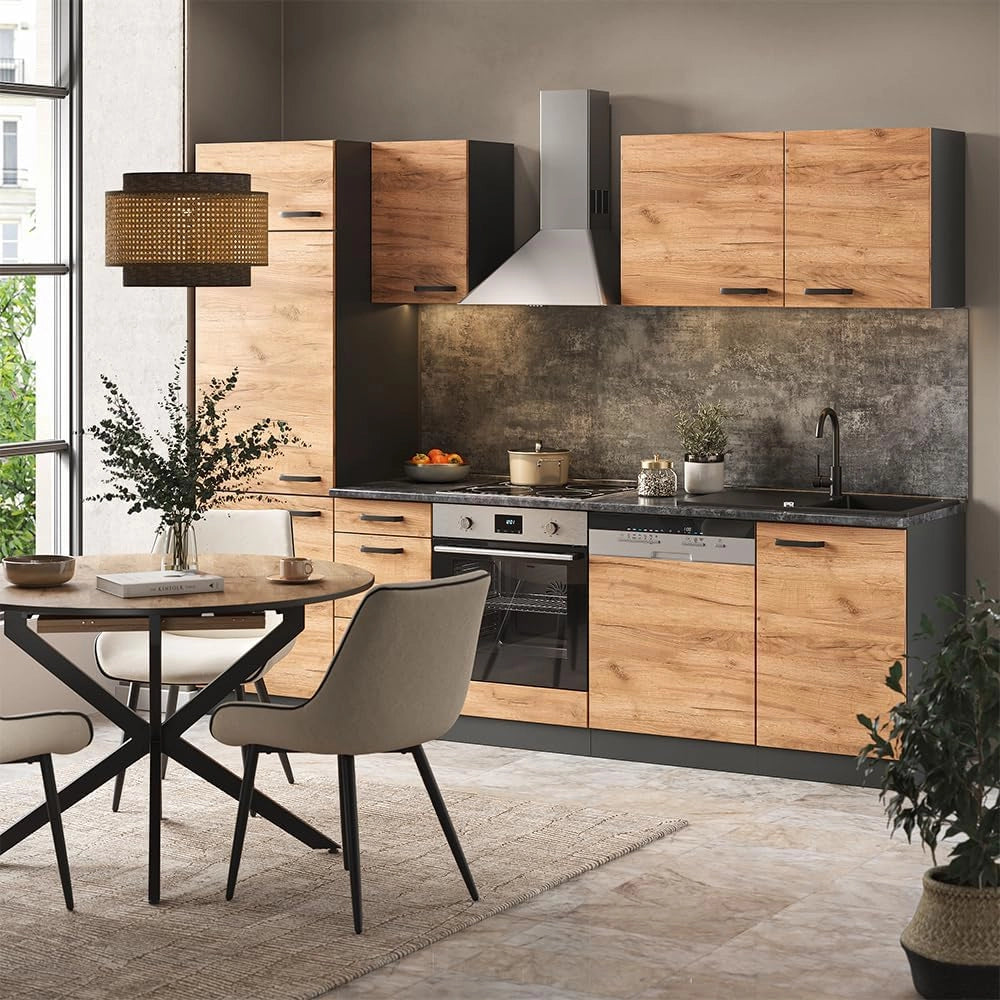 Mobile da cucina Optima, Quercia dorata/antracite, 270 cm Senza piano di lavoro, con colonna, adatto per disposizione e ampliamento personalizzati