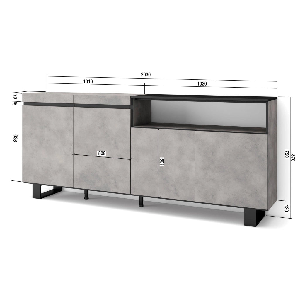 Credenza, Mobile, 200x35x87cm, 4 Porte, Design industriale, grigio cemento RF2372