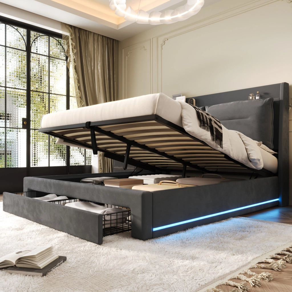 Letto matrimoniale imbottito 140x190 cm in velluto grigio scuro con LED, contenitore idraulico e cassetto finale