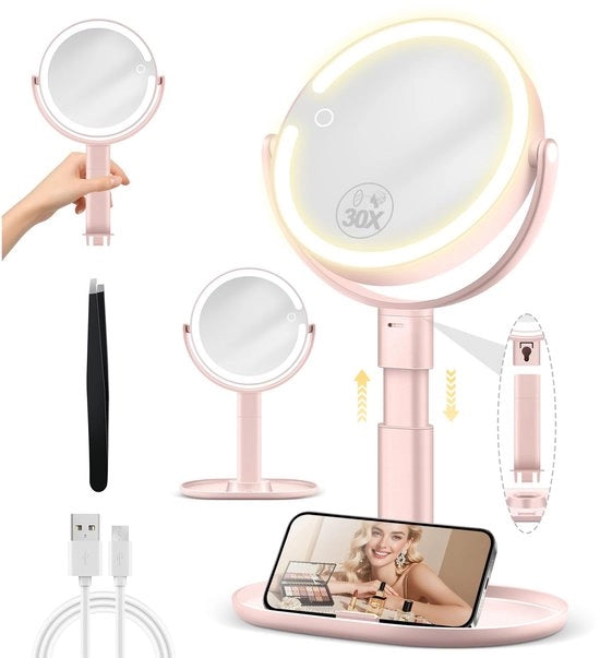 Specchio cosmetico con illuminazione, in altezza regolabile, specchio ingrandente con luce 30x, rotante a 360° su entrambi i lati, specchio circolare a 3 colori con luce, rosa
