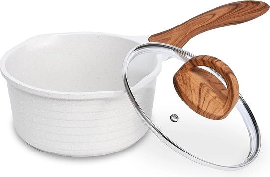 Padella da grilling 16 cm, 1,5 l padella in acciaio con coperchio, padella in acciaio piccola, contenitore per latte rivestito, adatto per induzione, elettrico e gas (beige)