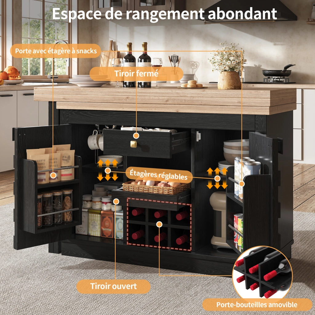 Credenza da cucina girevole a 360° con 2 piani; ante patchwork; 1 cassetto; portabottiglie estraibile; per cucina; MDF nero; 120 × 40 × 74.2 cm