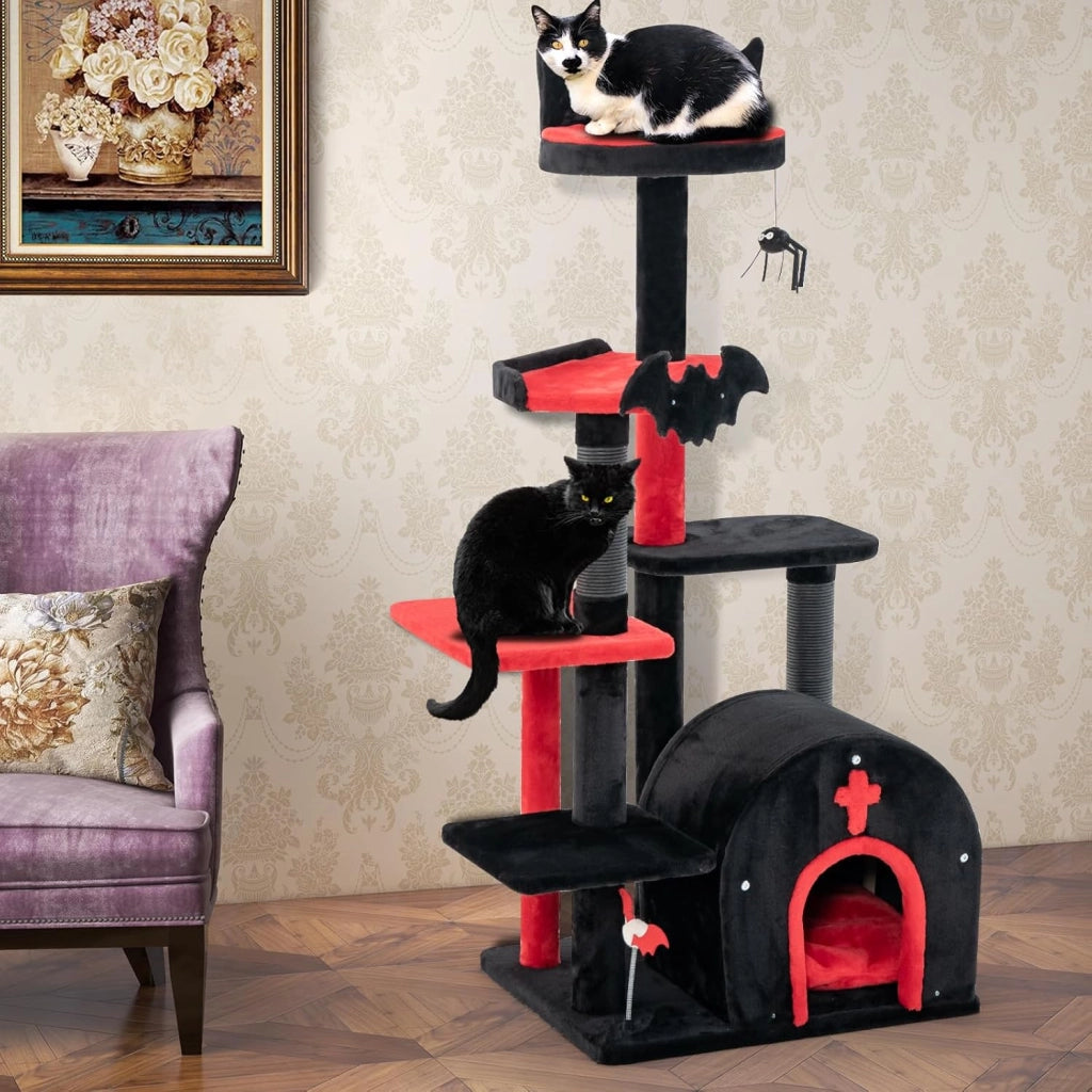 Albero per Gatti Gotico, Tiragraffi con Letto per Gatti, Condominio ad Arco, Pali, Pompom e Palline a Molla, Cat Tree di Halloween a 6 Livelli, Nero e Rosso