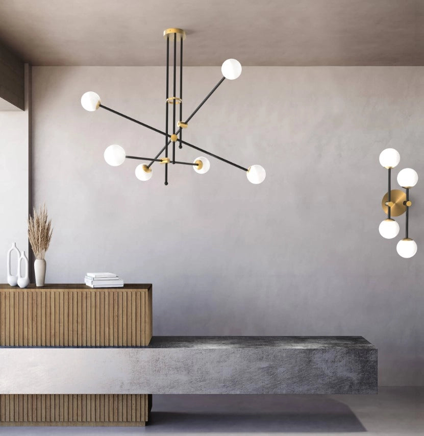 KEVIN Lampadario da soffitto 6 luci struttura nero e ottone spazzolato attacco G9