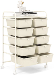 Carrello a 10 Cassetti con Ruote, di Stoccaggio con Stabilità Elevata, Multiuso per Casa Ufficio e Scuola, 65,5 x 37 x 87 cm (Bianco)