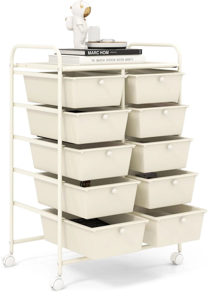 Carrello a 10 Cassetti con Ruote, di Stoccaggio con Stabilità Elevata, Multiuso per Casa Ufficio e Scuola, 65,5 x 37 x 87 cm (Bianco)