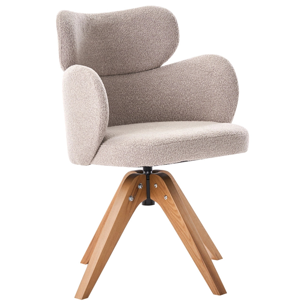 Sedia da pranzo girevole con schienale curvo in boucle beige stile scandinavo