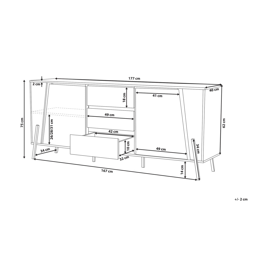 Madia credenza in legno chiaro 2 armadi 3 cassetti gambe in metallo minimalista