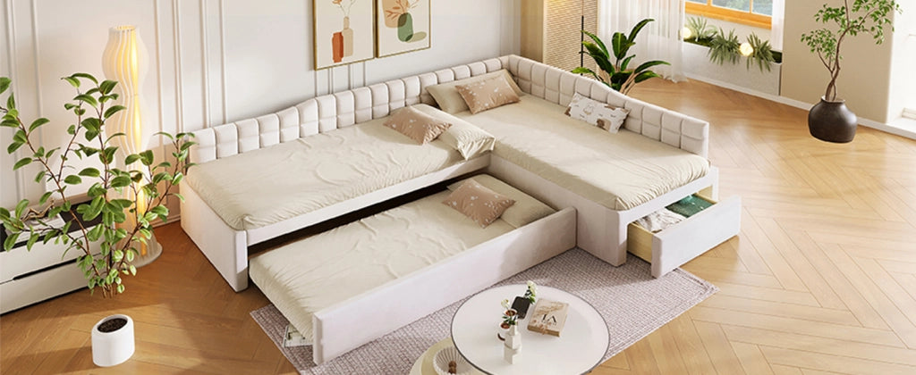 Letto combinato 90 × 200 cm con letto estraibile, 2 cassetti, senza materasso, in flanella beige