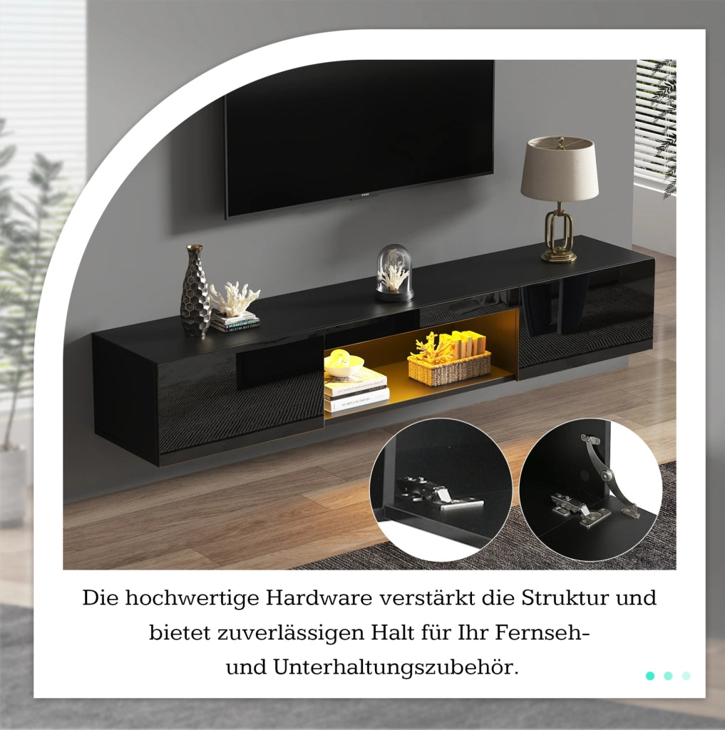 Mobile TV sospeso nero lucido con LED, 160 x 31 x 22 cm