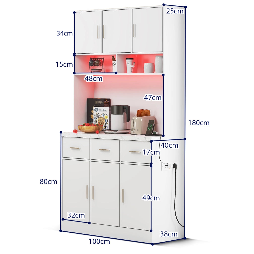 Credenza da cucina con 6 ante; 3 cassetti; ripiani regolabili; LED e prese USB; in MDF; 100 x 40 x 180 cm