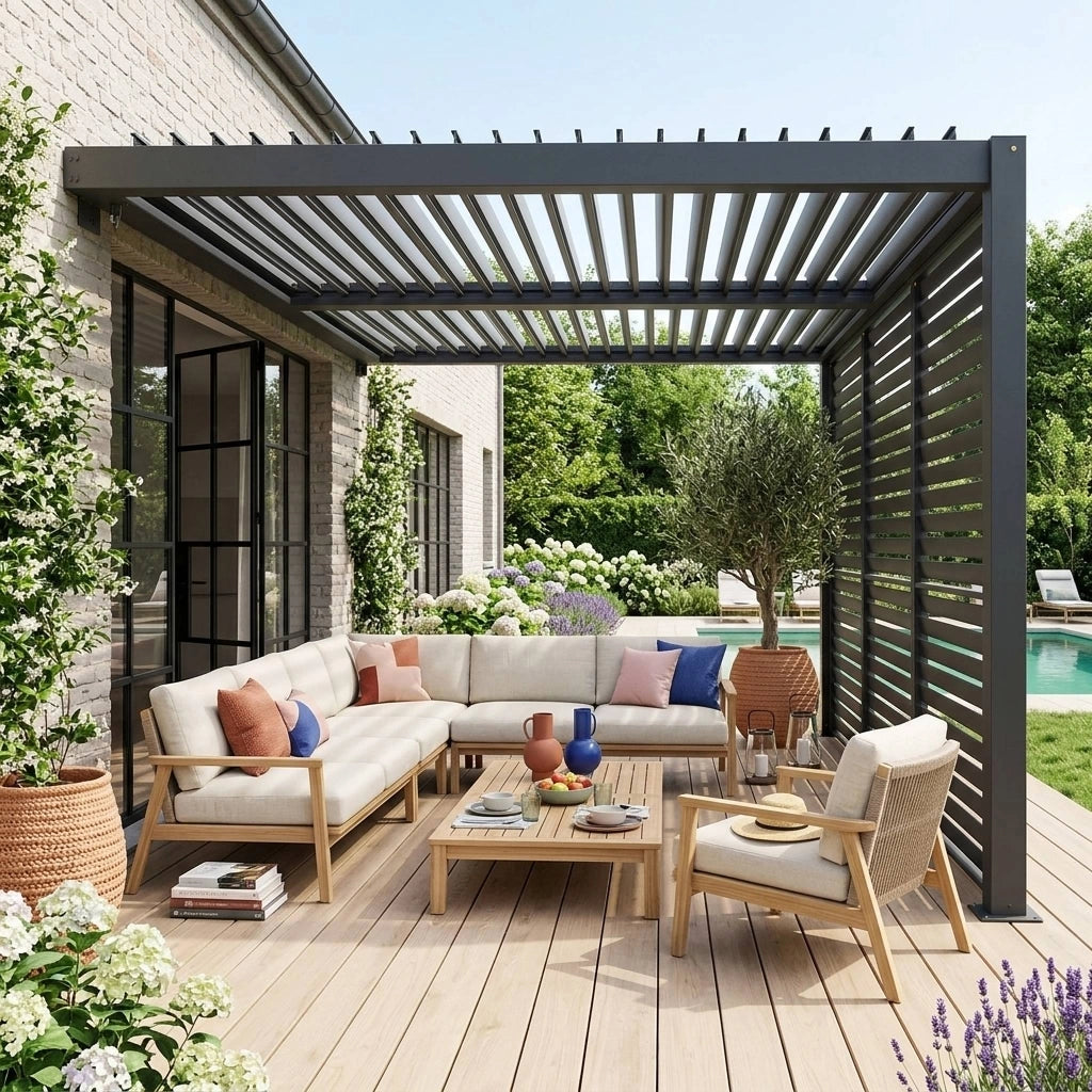 Pergola bioclimatica in alluminio addossata 4x3m + 3 persiane 130cm