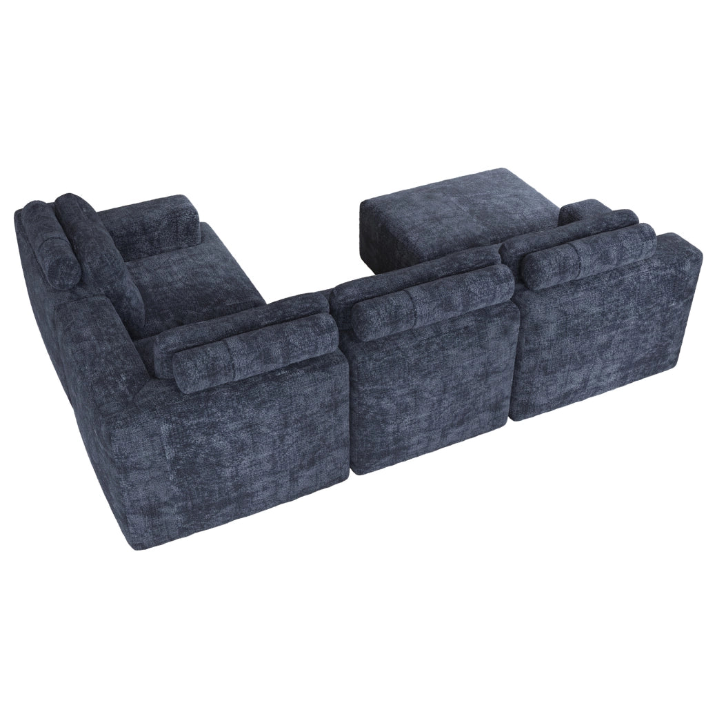 Divano modulare a U in ciniglia blu con poggiatesta e pouf; 252 × 180 × 82 cm