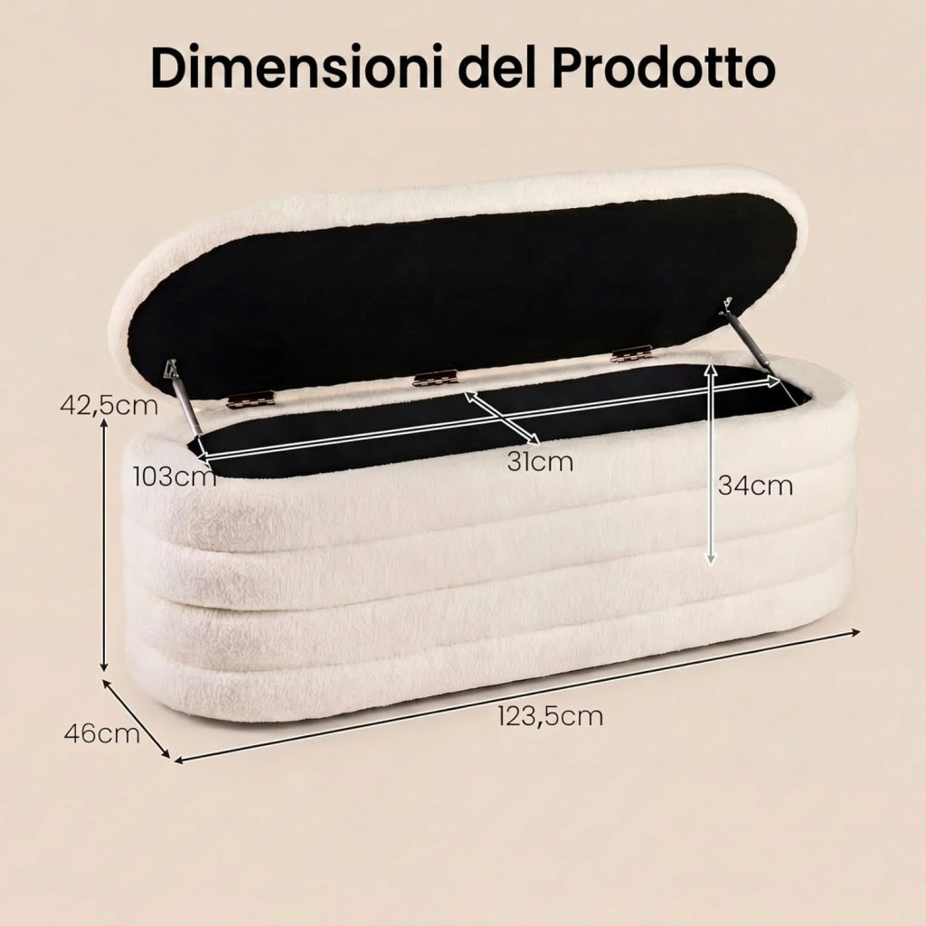 Poggiapiedi Contenitore con Ampio Interno da 108,5 L, Sedia Imbottito per Interno, Sgabello Portaoggetti per Camera da Letto, Soggiorno e Studio, 123,5 X 46 X 42,5 CM, Beige
