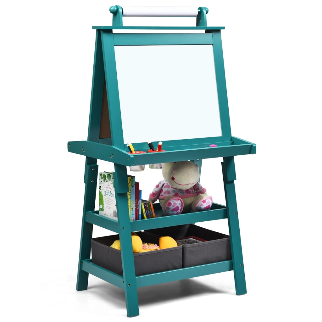 Cavalletto double face 3 in 1 per bambini, Treppiede con lavagna bianca e nera e rotolo di carta, Blu-Cavalletti e lavagne bambini