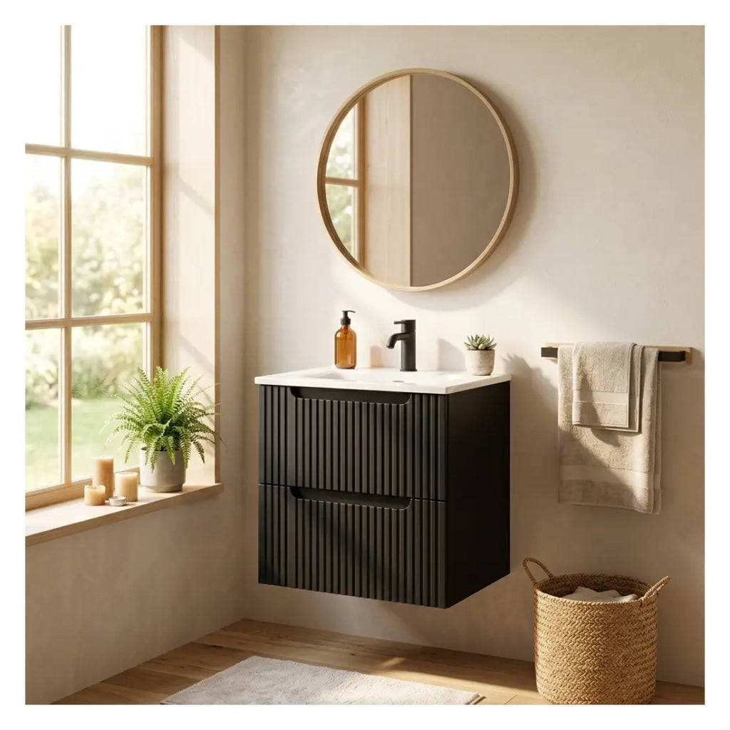 Set da bagno VANO 50cm: mobile sottolavabo con cassetti scanalati verticalmente + lavabo incassato bianco