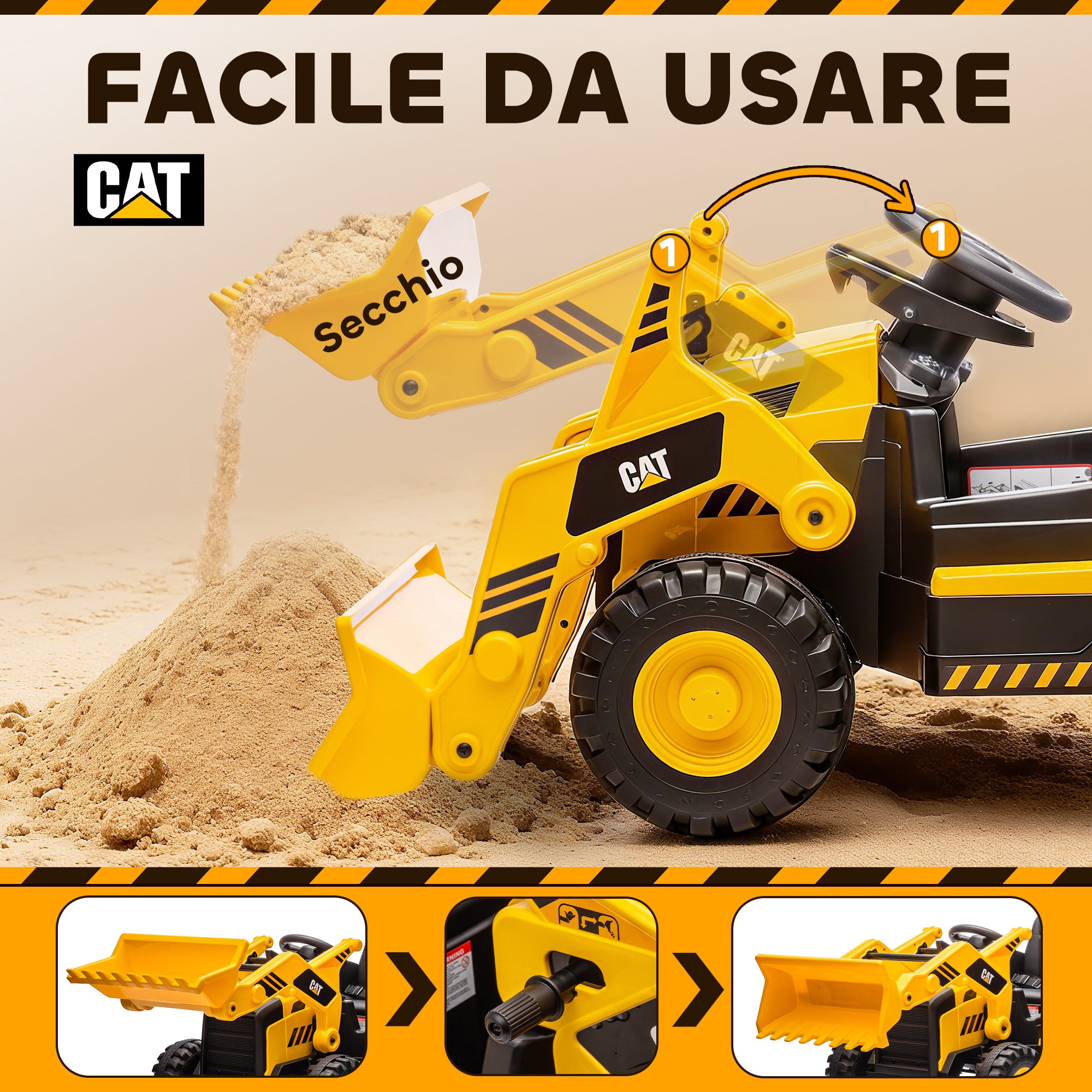 Ruspa Elettrica per Bambini 3-6 Anni Marchio Ufficiale Caterpillar 12V con Telecomando Giallo