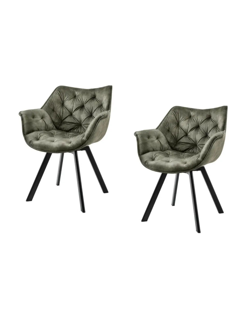 Set di 2 sedie design COMFY girevoli a 180° in velluto verde scuro trapuntato e gambe nere
