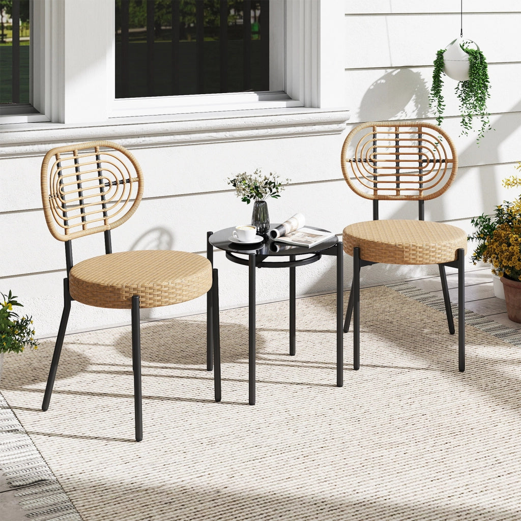 Set bistrò esterno 3 pz vimini pe sedie tavolino vetro temperato-Set conversazione patio mobili esterni balcone terrazza giardino