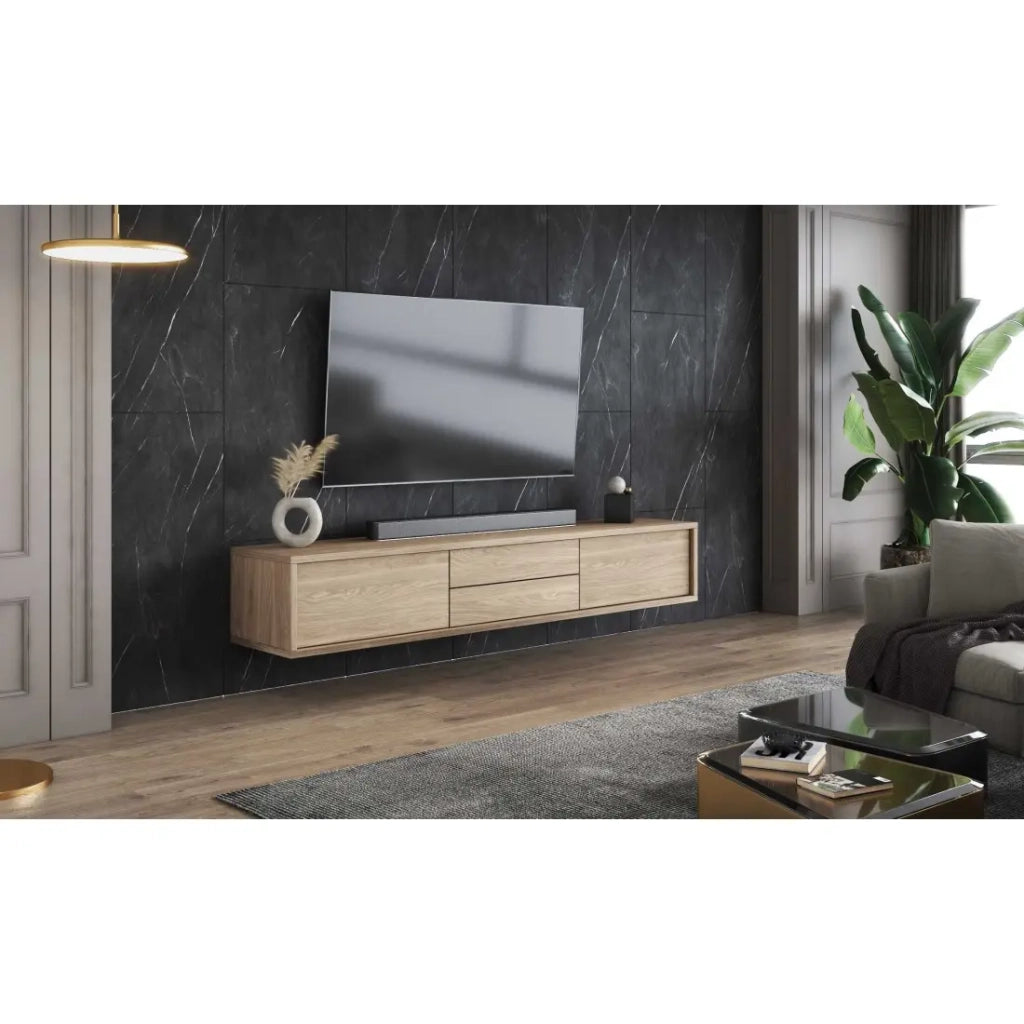 Mobile TV 180cm, 2 cassetti e 2 porte collezione MAANUM. Colore rovere chiaro.