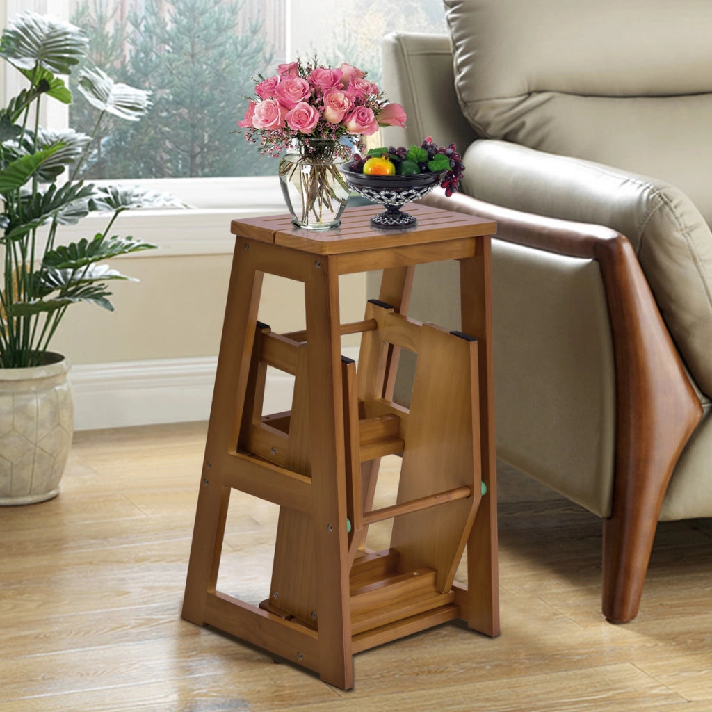 Sgabello scaletta a 3 gradini in legno di pino multiuso, Sgabello pieghevole da cucina 57x38x65cm Naturale-Sgabelli