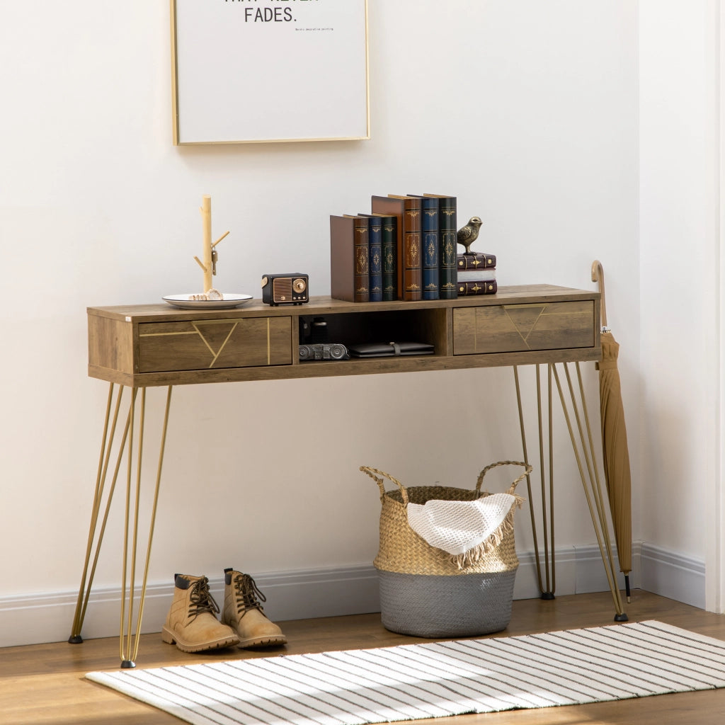 Consola Ingresso con 2 Cassetti e Ripiano Aperto ¨C zephmum ¨C Legno Bronzo 120x29x79 cm