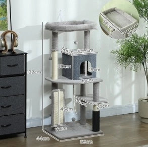 Tiragraffi per gatti 132 cm grigio chiaro con cuccia e piattaforme
