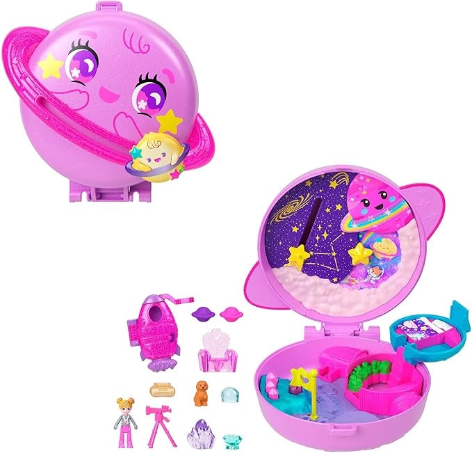 Polly Pocket - Cofanetto Polly Planet, set portatile a forma di pianeta con una microbambola, un amico cucciolo e 10 acc