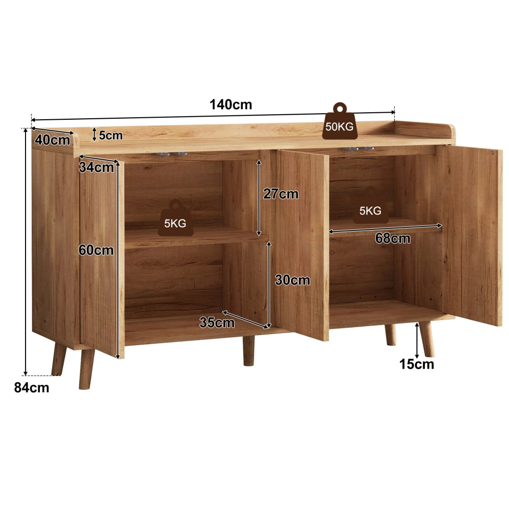 Credenza da cucina con 4 ante e ripiani regolabili 140x40x84 cm in MDF naturale