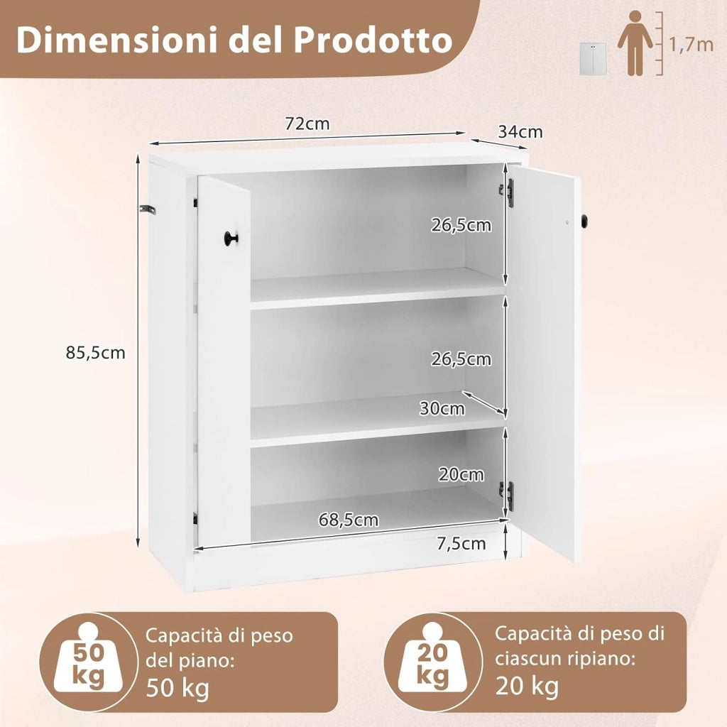 Armadietto da 2 Ante, Mobile da Pavimento con Ripiani a 3 Livelli e Dispositivo Anti-Ribaltamento, per Soggiorno, Sala da Pranzo e Ingresso, 72 x 34 x 85,5 cm (Bianco)