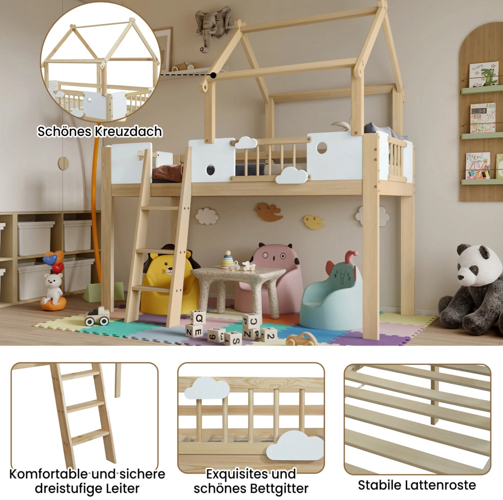 Letto a soppalco per bambini 90x200 cm con scala a tre gradini e tetto