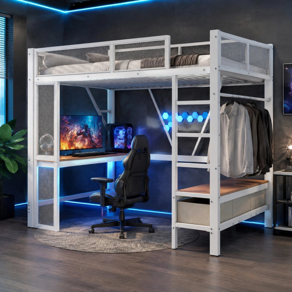 Letto a soppalco 140x200 cm con scrivania LED bianco