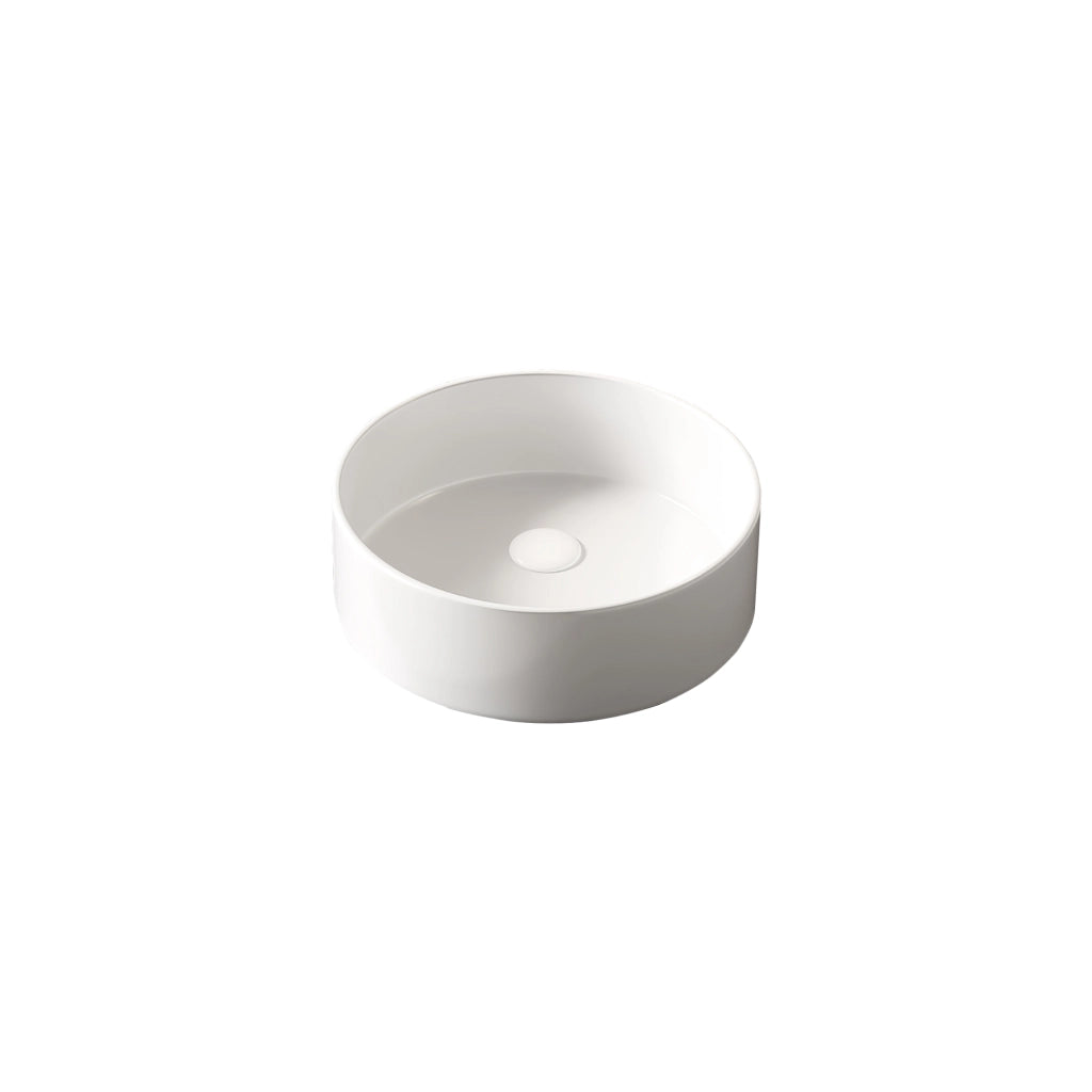 Lavabo tondo in ceramica, diametro 36 cm, bianco. Senza rubinetto e senza mobiletto.