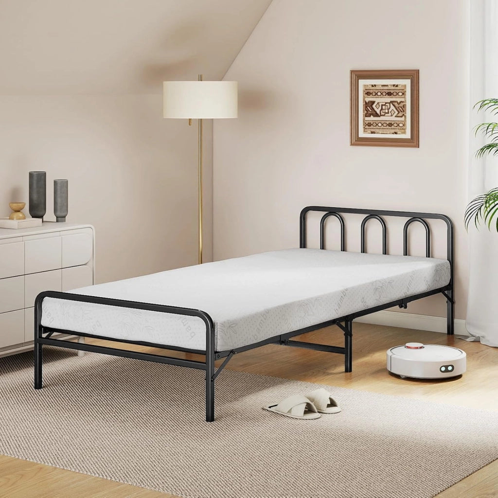 Letto pieghevole 90 x 200 cm, per adulti, pieghevole, in metallo, con materasso e rete a doghe, letto singolo con testiera, pieghevole, per casa e ufficio